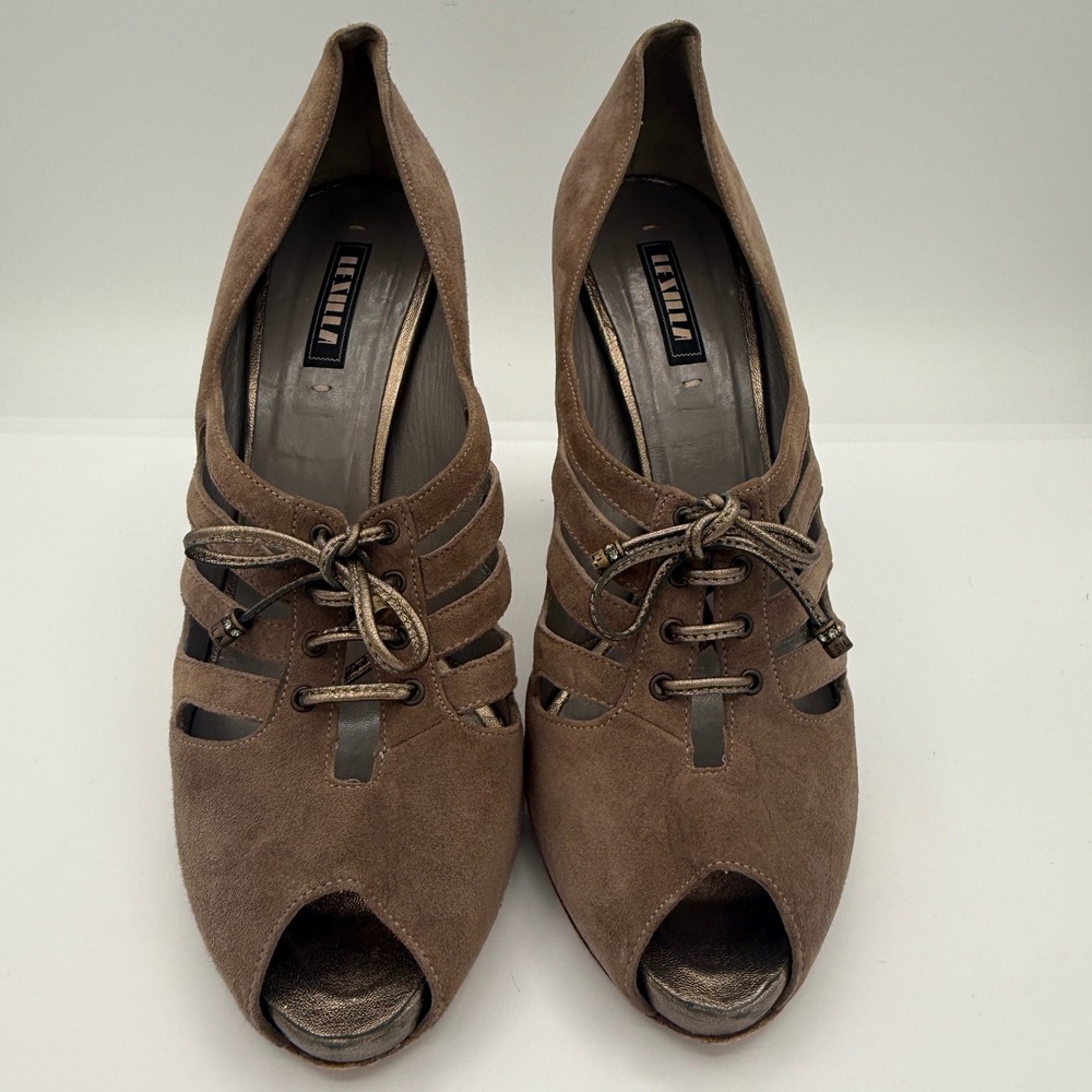 Le Silla Taupe Suede Caged Peep Toe Lace Up Block Heels Made in Italy Size 40